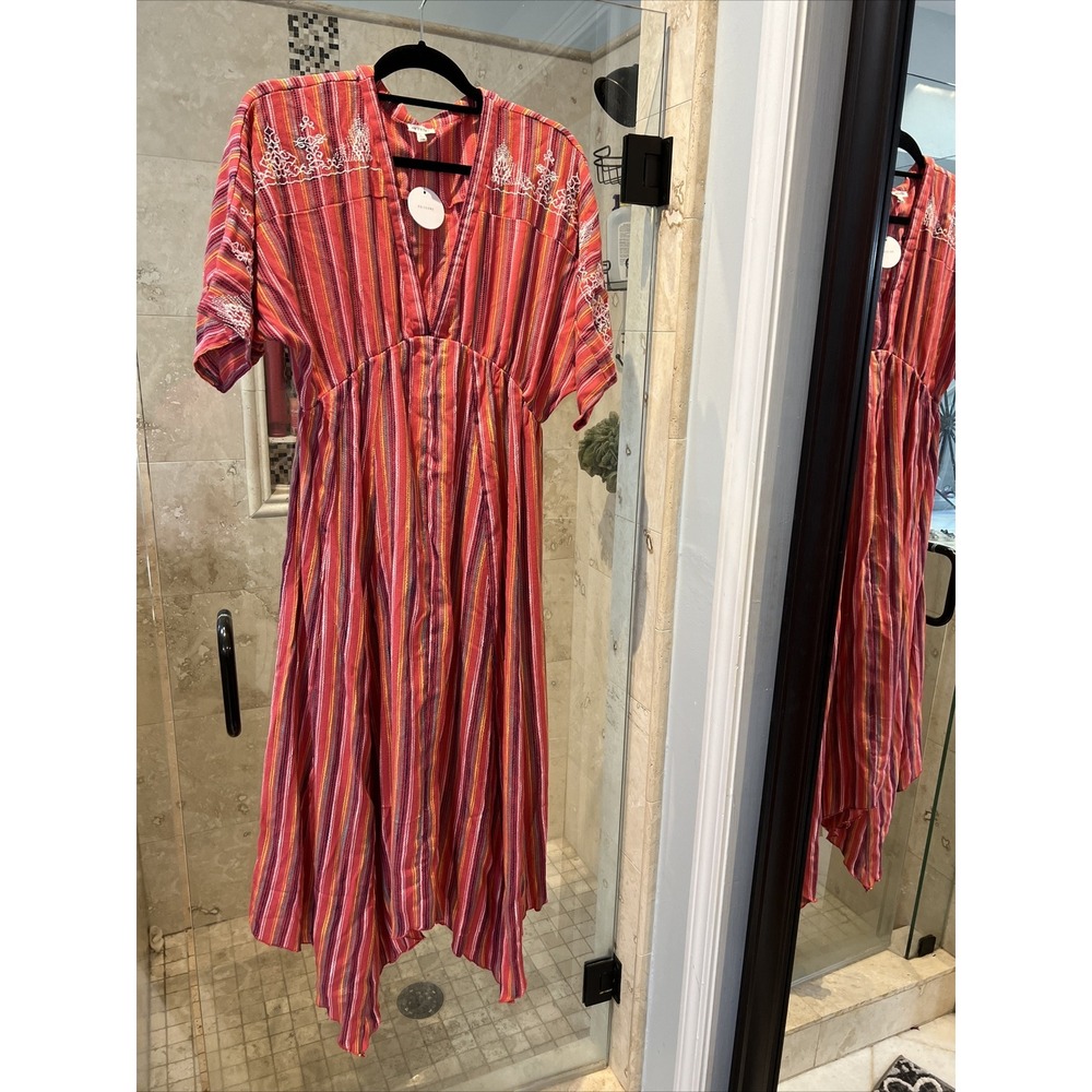 En Creme Red Embroidered Rainbow Boho Maxi Dress Asymmetrical Hem Small
